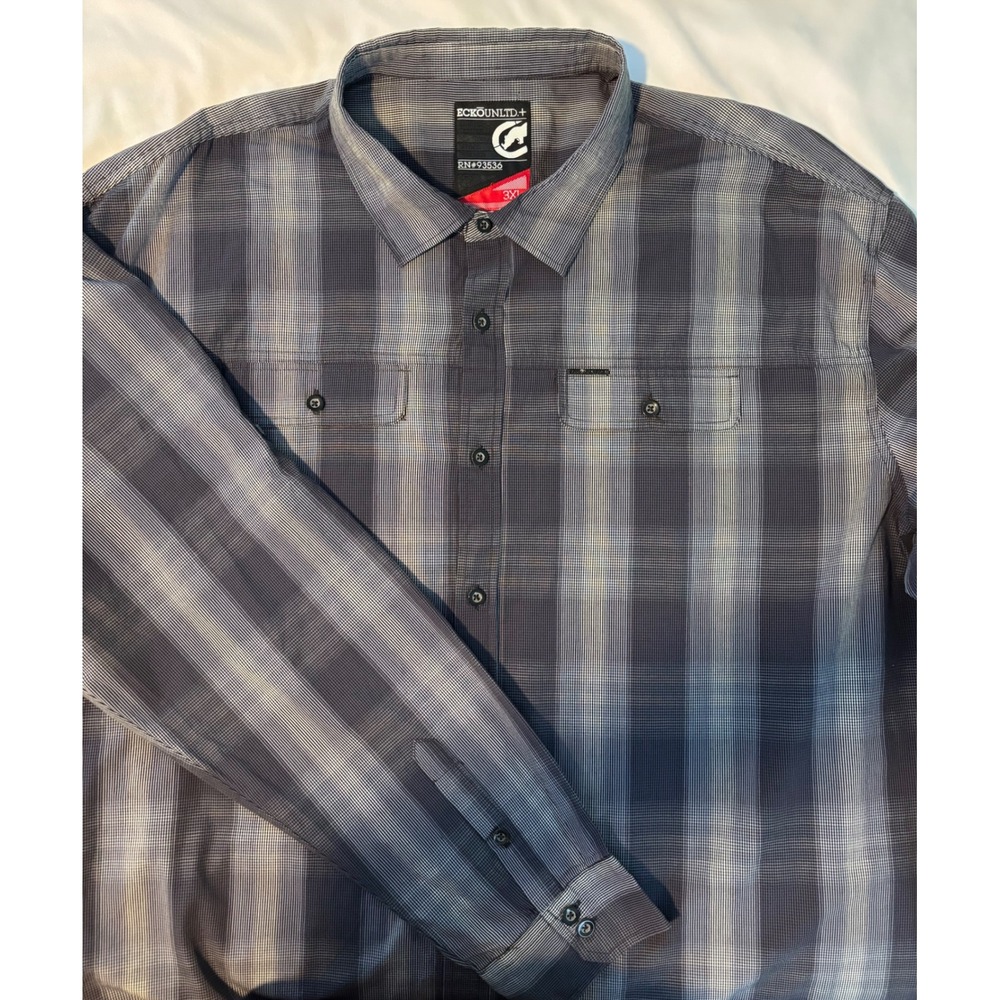 Ecko Unltd Mens 3XL Grey Black Plaid Long Sleeve Button Down Cotton Shirt